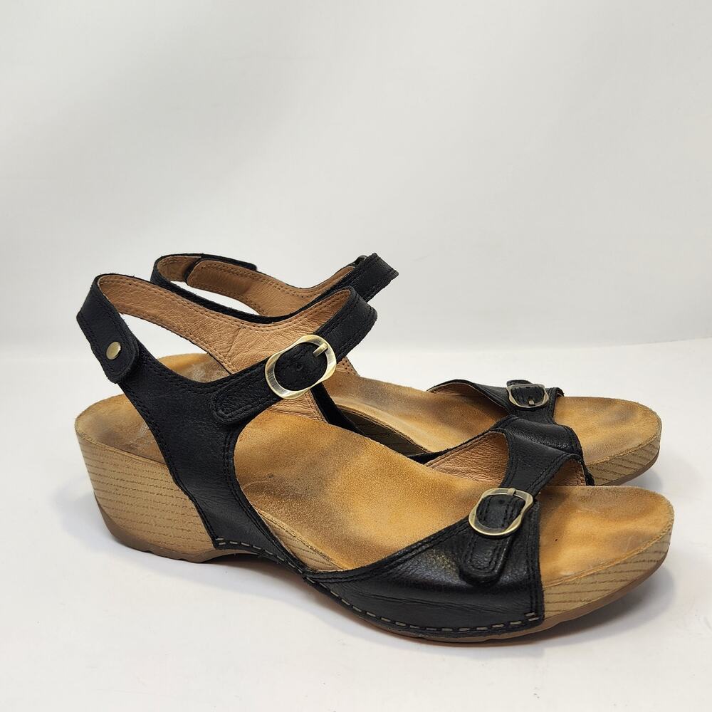 Dansko Tricia Black Leather Wedge Sandal Women Size 40 US 9.5 Comfort Shoes